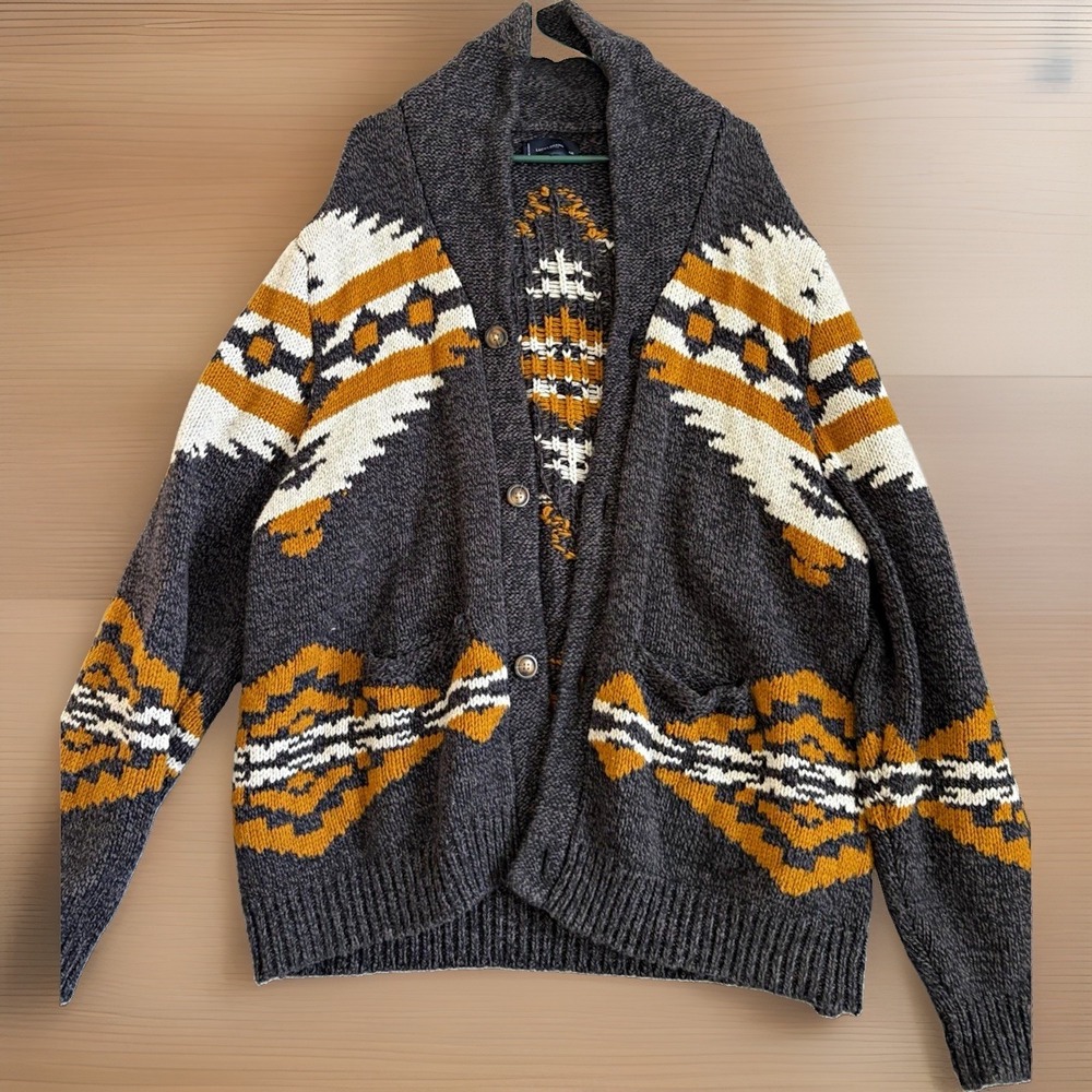 Lucky Brand Sweater Mens XXL Gray Geometric Knit Cardigan Pockets